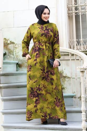 Gül Desenli Beli Kuşaklı Elbise TSD240207 Fıstık Yeşili - 1