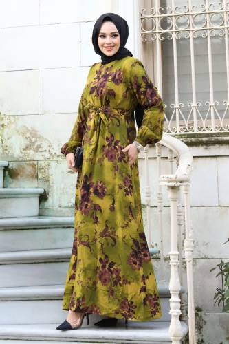 Gül Desenli Beli Kuşaklı Elbise TSD240207 Fıstık Yeşili - 3