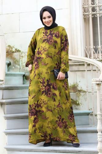 Gül Desenli Beli Kuşaklı Elbise TSD240207 Fıstık Yeşili - 4