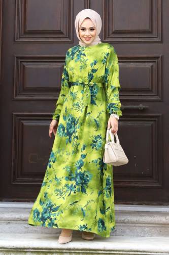 Gül Desenli Beli Kuşaklı Elbise TSD240207 Yağ Yeşili 