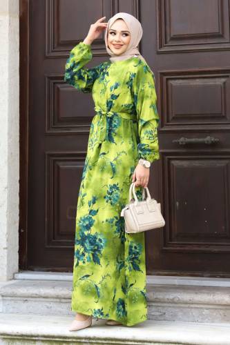 Gül Desenli Beli Kuşaklı Elbise TSD240207 Yağ Yeşili - 3