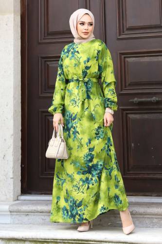 Gül Desenli Beli Kuşaklı Elbise TSD240207 Yağ Yeşili - 4