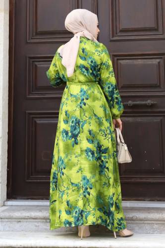 Gül Desenli Beli Kuşaklı Elbise TSD240207 Yağ Yeşili - 5