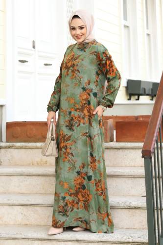 Gül Desenli Beli Kuşaklı Elbise TSD240207 Yeşil - 3
