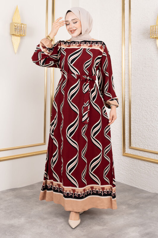 Gül Desenli Viskon Elbise TSD250178 Bordo - 4