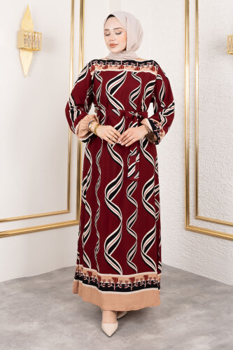 Gül Desenli Viskon Elbise TSD250178 Bordo 