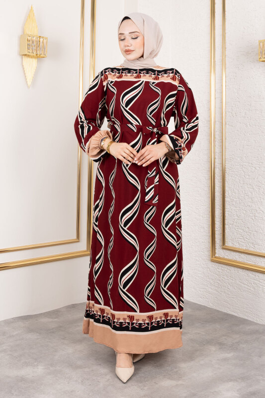 Gül Desenli Viskon Elbise TSD250178 Bordo - 1