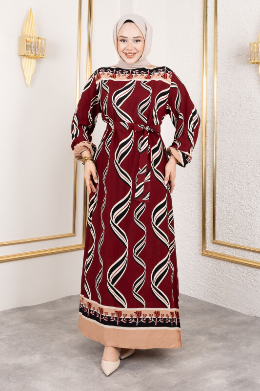 Gül Desenli Viskon Elbise TSD250178 Bordo - 3
