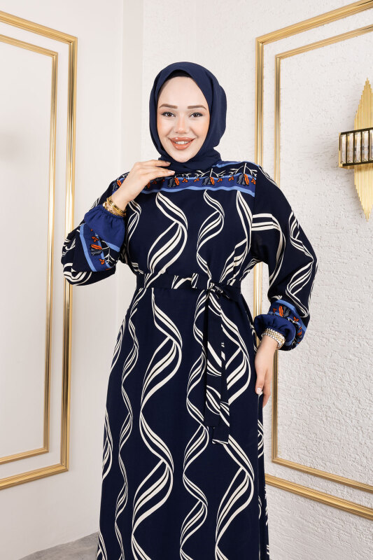 Gül Desenli Viskon Elbise TSD250178 Lacivert - 2