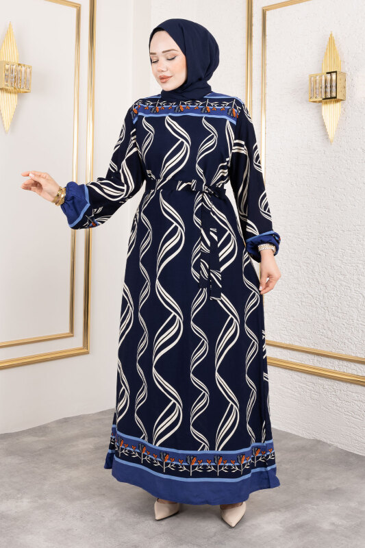 Gül Desenli Viskon Elbise TSD250178 Lacivert - 1