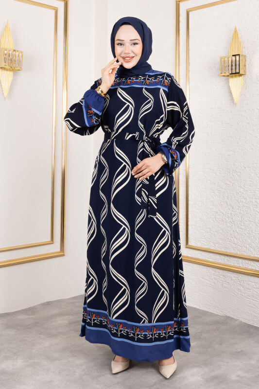 Gül Desenli Viskon Elbise TSD250178 Lacivert - 4