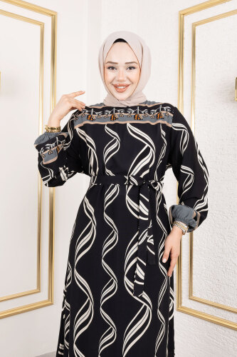 Gül Desenli Viskon Elbise TSD250178 Siyah - 2