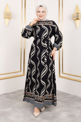 Gül Desenli Viskon Elbise TSD250178 Siyah - 3