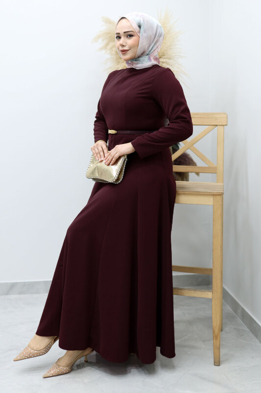 Hakim Yaka Pensli Kemerli Elbise TSD260151 Bordo - Tesettür Dünyası