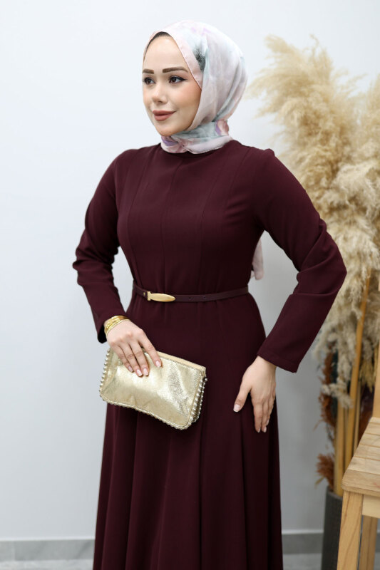 Hakim Yaka Pensli Kemerli Elbise TSD260151 Bordo - Tesettür Dünyası (1)