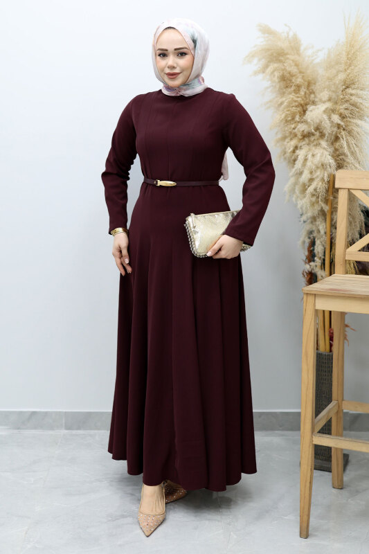 Hakim Yaka Pensli Kemerli Elbise TSD260151 Bordo - 3