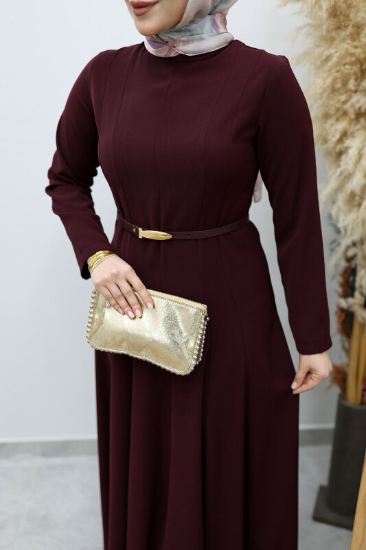 Hakim Yaka Pensli Kemerli Elbise TSD260151 Bordo - 4