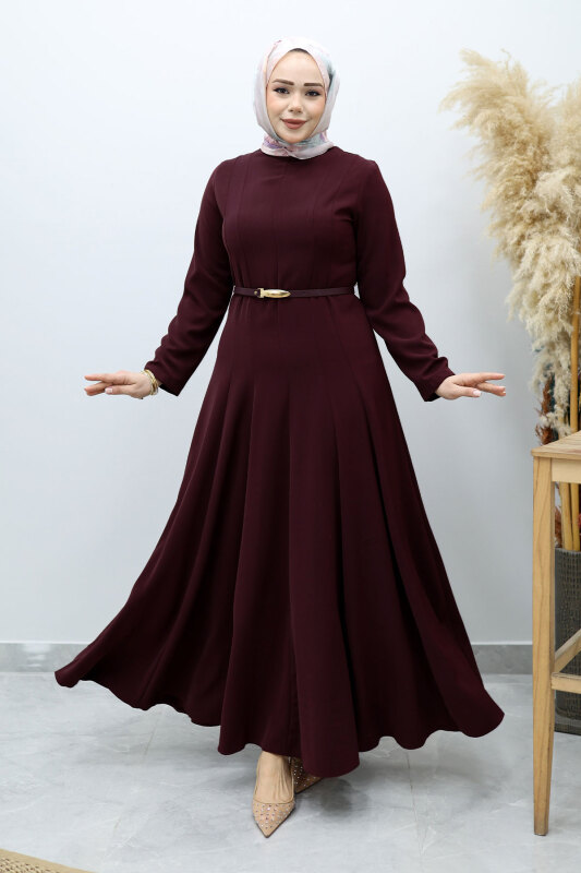 Hakim Yaka Pensli Kemerli Elbise TSD260151 Bordo - 5