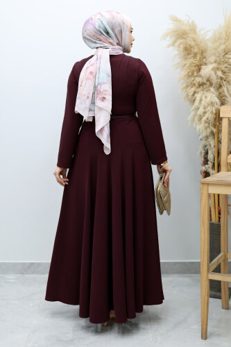Hakim Yaka Pensli Kemerli Elbise TSD260151 Bordo - 6