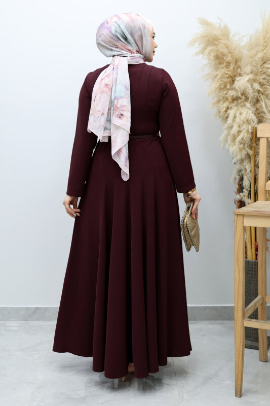 Hakim Yaka Pensli Kemerli Elbise TSD260151 Bordo - 6