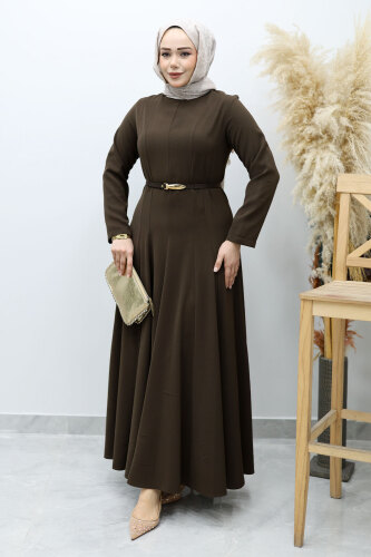 Hakim Yaka Pensli Kemerli Elbise TSD260151 Kahverengi - Tesettür Dünyası