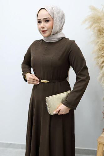 Hakim Yaka Pensli Kemerli Elbise TSD260151 Kahverengi - Tesettür Dünyası (1)