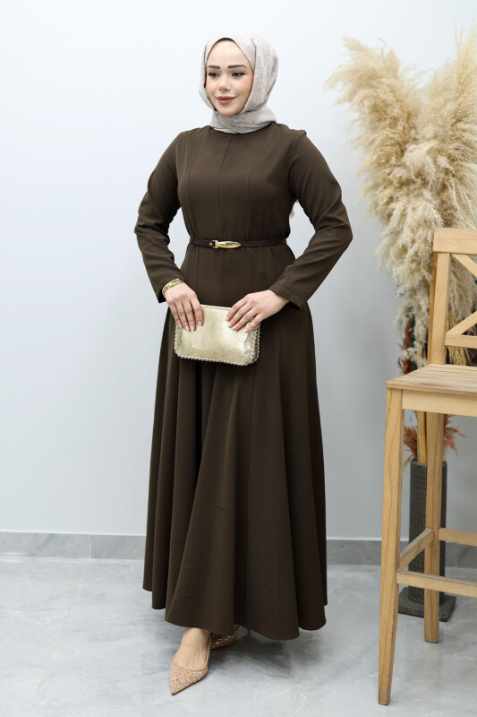 Hakim Yaka Pensli Kemerli Elbise TSD260151 Kahverengi - 3