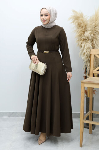 Hakim Yaka Pensli Kemerli Elbise TSD260151 Kahverengi - 5