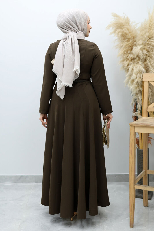 Hakim Yaka Pensli Kemerli Elbise TSD260151 Kahverengi - 6