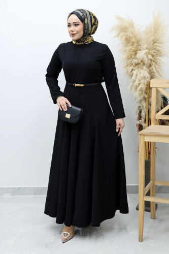 Hakim Yaka Pensli Kemerli Elbise TSD260151 Siyah - Tesettür Dünyası