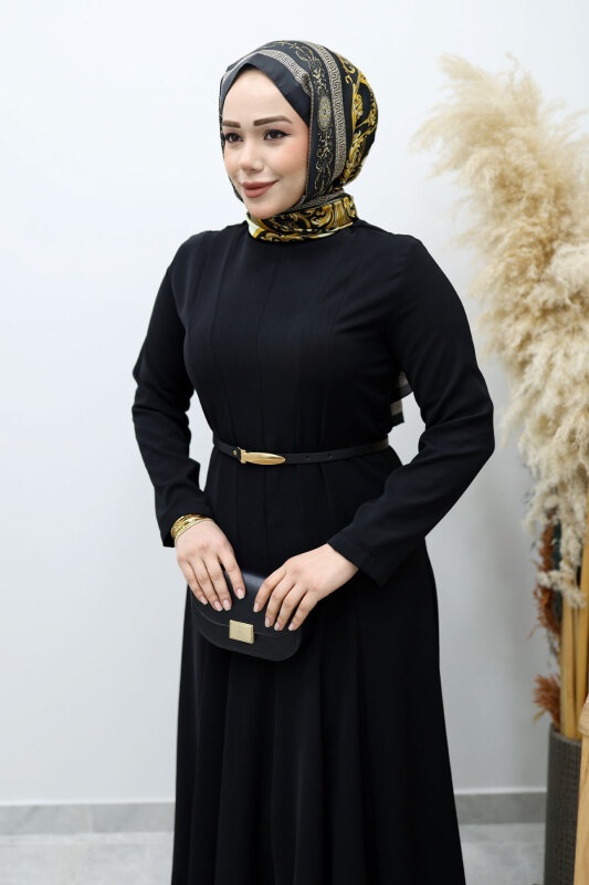 Hakim Yaka Pensli Kemerli Elbise TSD260151 Siyah - Tesettür Dünyası (1)