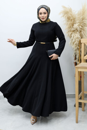 Hakim Yaka Pensli Kemerli Elbise TSD260151 Siyah - 3