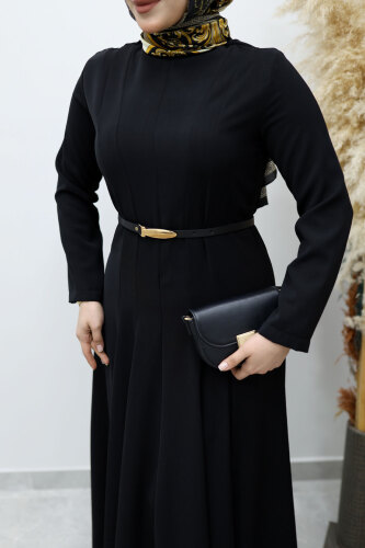 Hakim Yaka Pensli Kemerli Elbise TSD260151 Siyah - 4