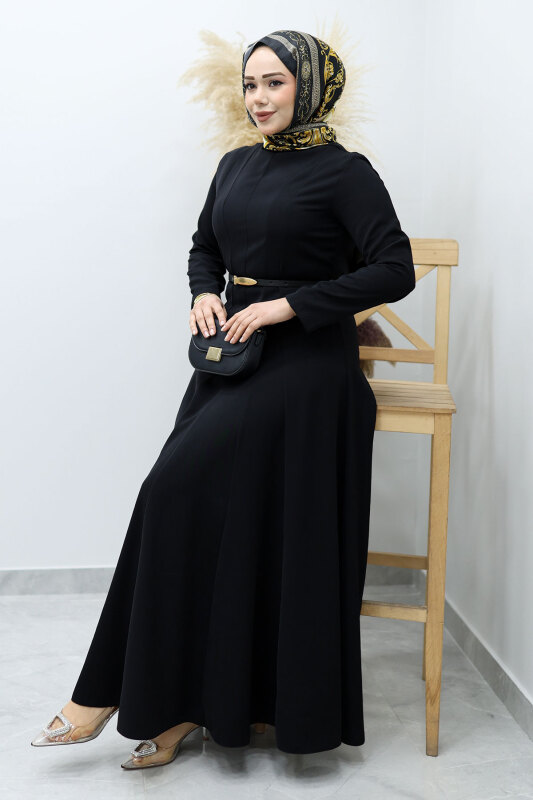 Hakim Yaka Pensli Kemerli Elbise TSD260151 Siyah - 5