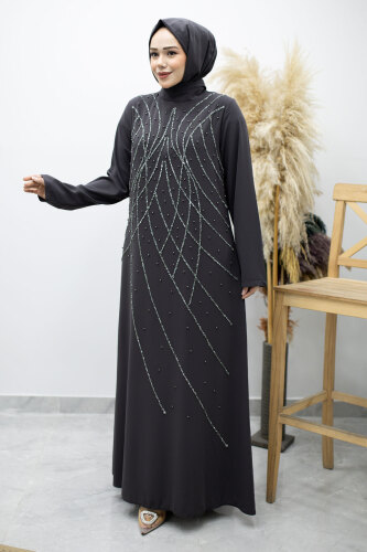 Hakim Yaka Taşlı Elbise TSD260170 Füme 