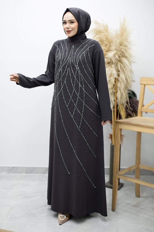 Hakim Yaka Taşlı Elbise TSD260170 Füme - Tesettür Dünyası