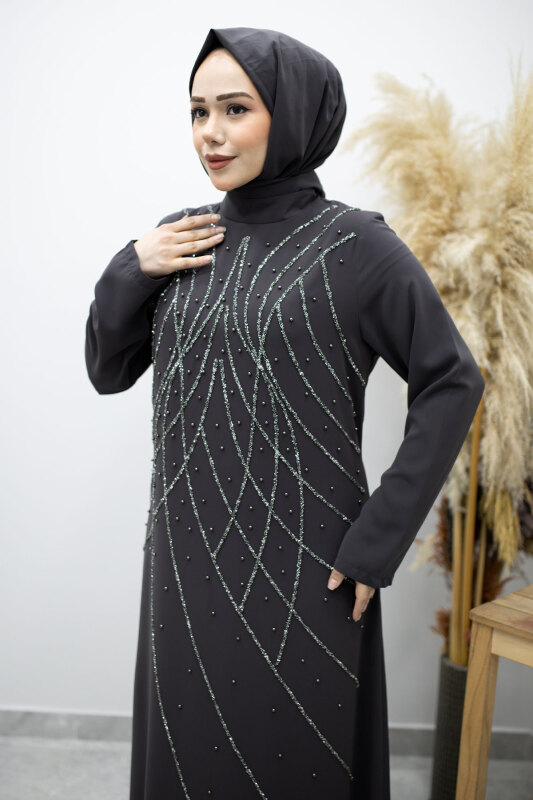 Hakim Yaka Taşlı Elbise TSD260170 Füme - Tesettür Dünyası (1)