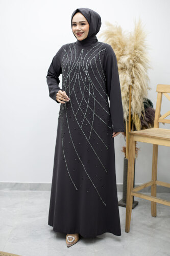 Hakim Yaka Taşlı Elbise TSD260170 Füme - 3