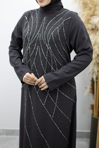 Hakim Yaka Taşlı Elbise TSD260170 Füme - 4