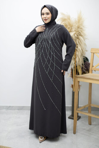 Hakim Yaka Taşlı Elbise TSD260170 Füme - 5