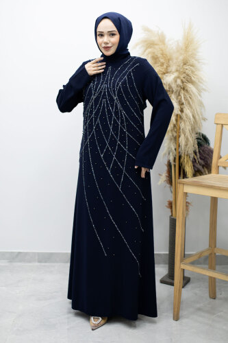 Hakim Yaka Taşlı Elbise TSD260170 Lacivert 