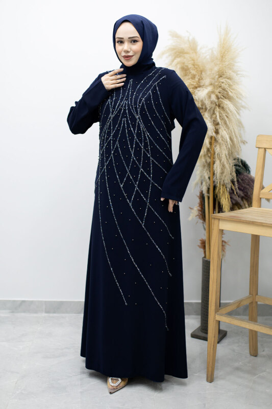 Hakim Yaka Taşlı Elbise TSD260170 Lacivert - Tesettür Dünyası