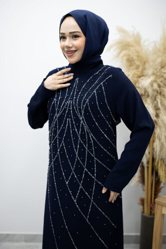 Hakim Yaka Taşlı Elbise TSD260170 Lacivert - 2