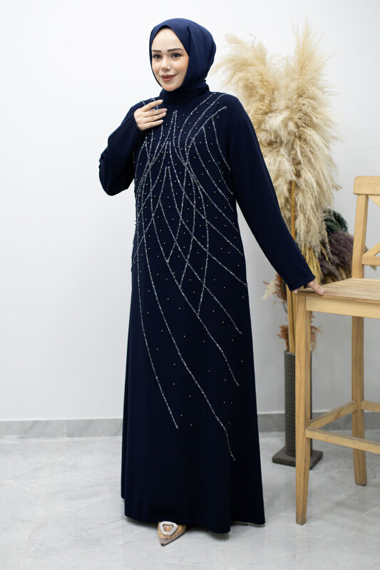 Hakim Yaka Taşlı Elbise TSD260170 Lacivert - 3