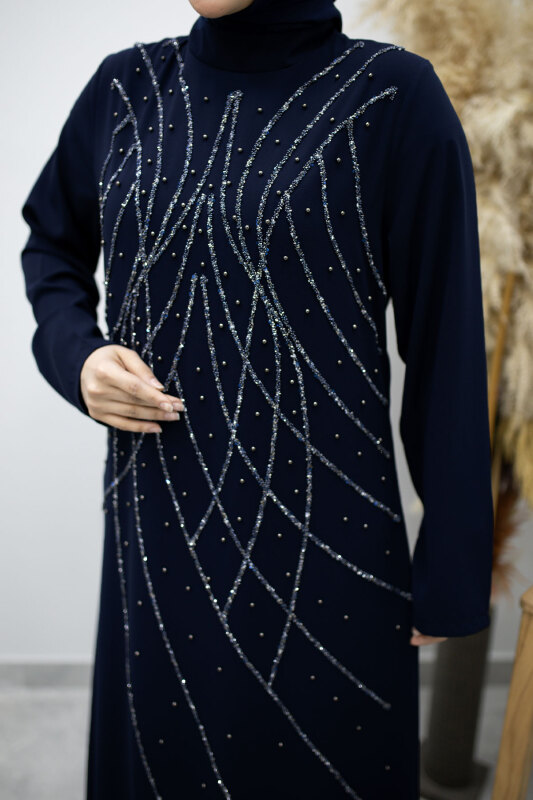 Hakim Yaka Taşlı Elbise TSD260170 Lacivert - 4