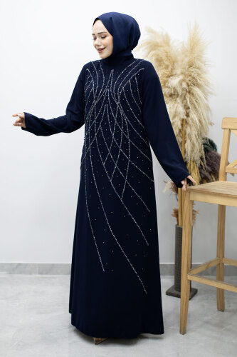 Hakim Yaka Taşlı Elbise TSD260170 Lacivert - 5