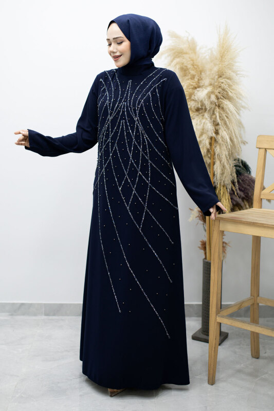 Hakim Yaka Taşlı Elbise TSD260170 Lacivert - 5