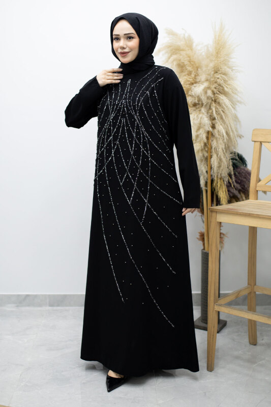 Hakim Yaka Taşlı Elbise TSD260170 Siyah - Tesettür Dünyası
