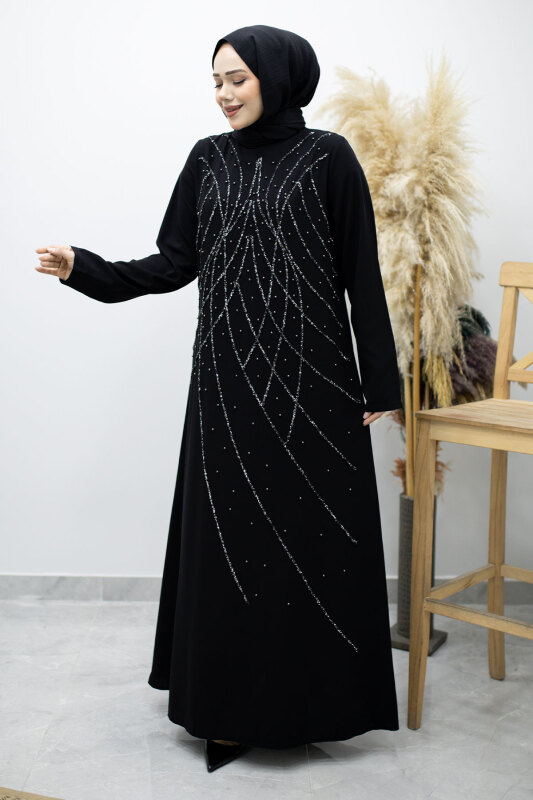 Hakim Yaka Taşlı Elbise TSD260170 Siyah - 5