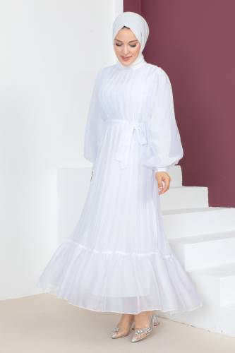 Piliseli Janjan Şifon Elbise TSD230631 Beyaz - 4